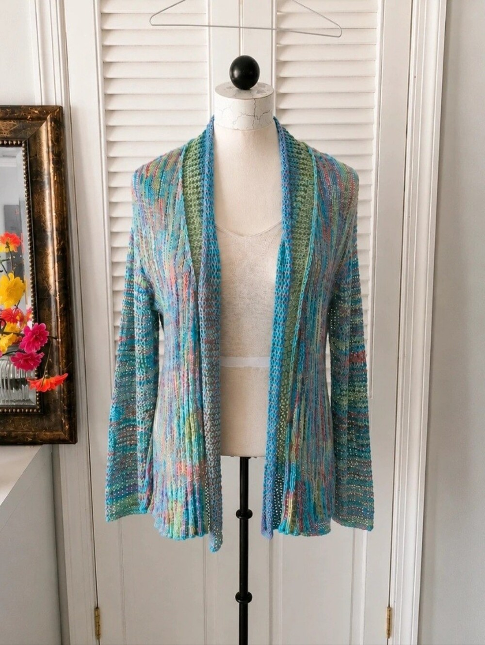 Krazy Kat Coastal Open Knit Cardigan Blue Multicolor Festival M - Picture 2 of 10